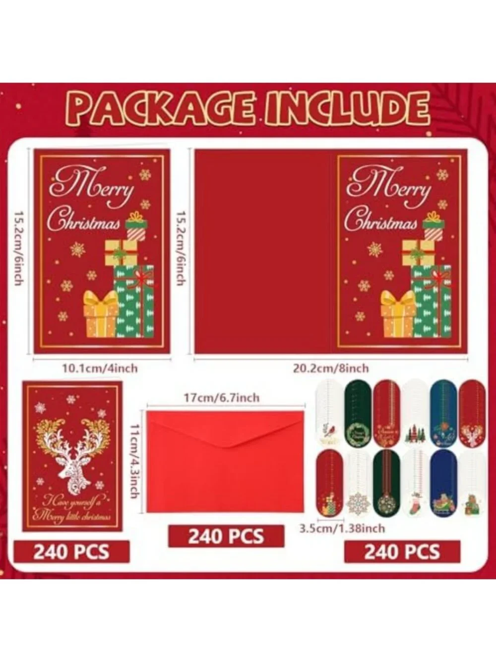 240 Christmas Cards with Envelopes & Stickers - Festive Gold Foil, 12 Designs